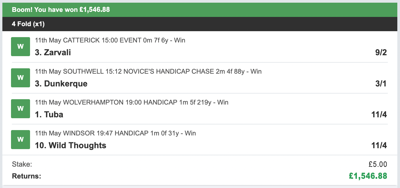 Winning betslip, 11th May 2026